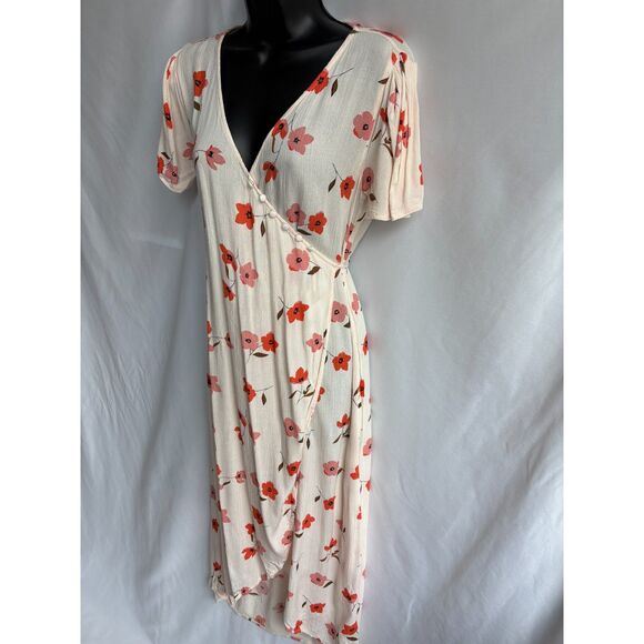 Billabong Wrap Floral Fields Midi Dress Sze XS Cream Red Flowers Prairie Cottage - Picture 6 of 11